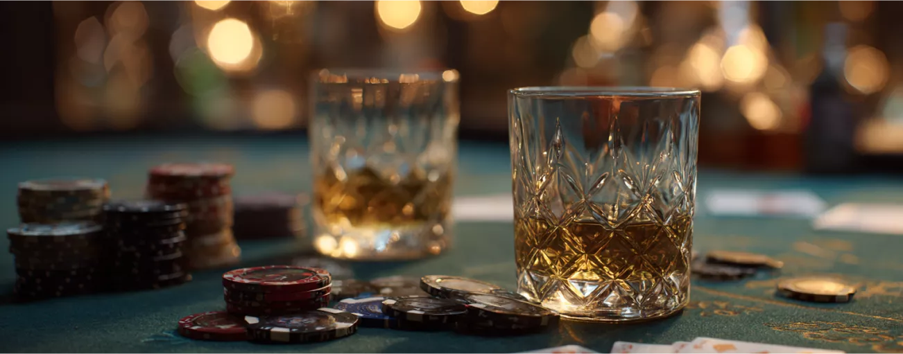 Dois copos de uísque e pilhas de fichas de casino em uma mesa de jogo no WinWin Casino