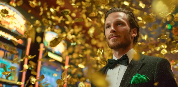 Homem elegante em um WinWin Casino, cercado por moedas de ouro voando
