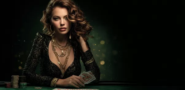 Mulher elegante com joias jogando cartas em uma mesa de casino WinWin